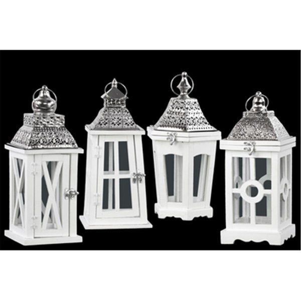 Urban Trends Collection Wood Square Lantern with Silver Pierced Metal Top White Assortment of 4 94641AST